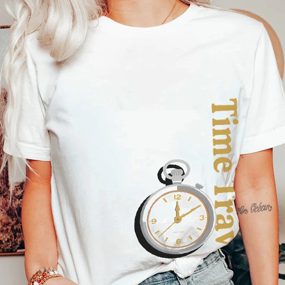 

Clock Stopwatch Time Travel Y2K Women‘s Clothes Cotton Casual T-Shirt Crew Neck Graphic Tees Street Wear Colorful Cartoon