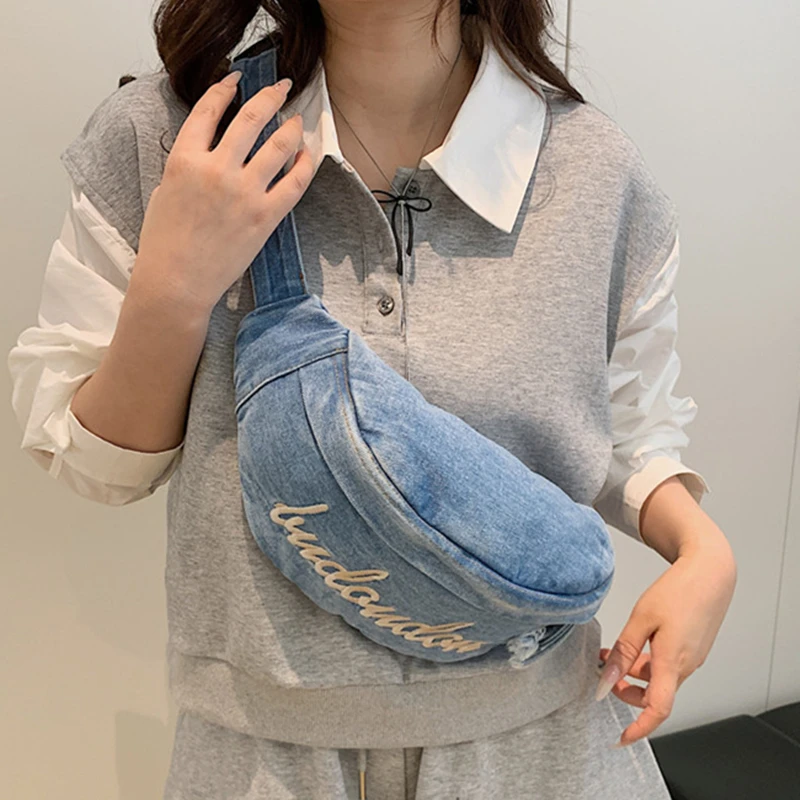 

Denim Cotton Women Messenger Bag Ladies Fanny Pack Soft Shoulder Bag Crossbody Bags Daily Cloth Purse Female Travel Handbag