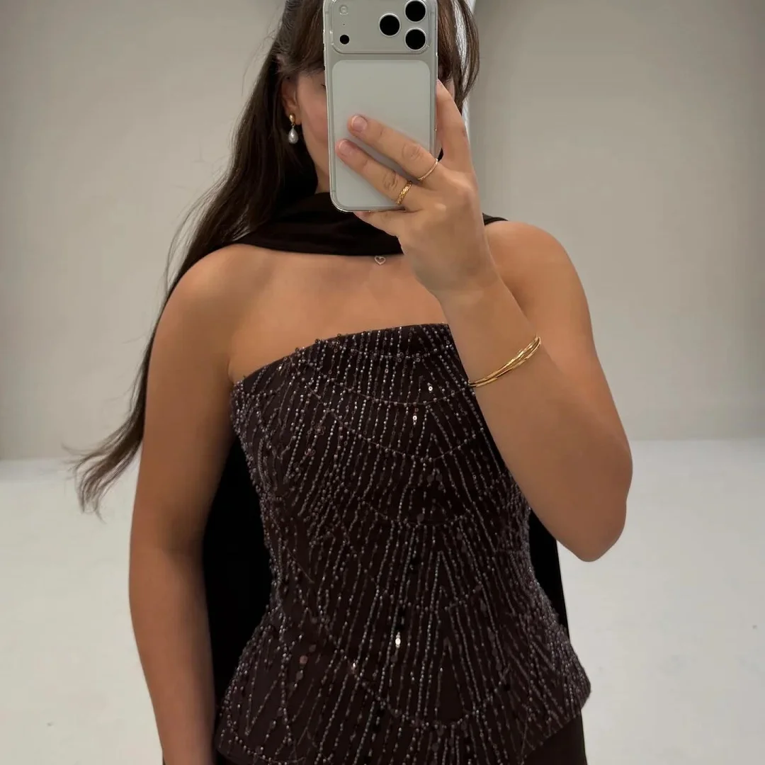 Mila marrom escuro sem alças lantejoulas peplum capelet personalizado formal noite cabido até o chão vestido de gala vestido de baile