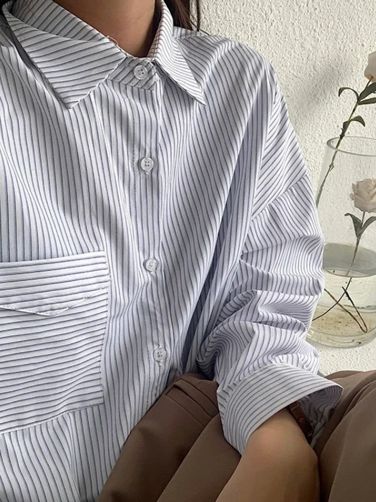 

Stripe 2025 Blouses Women Clothing Long Sleeve Single Breasted Vintage Shirts Blusas Mujer De Moda Loose Fashion Pocket Tops
