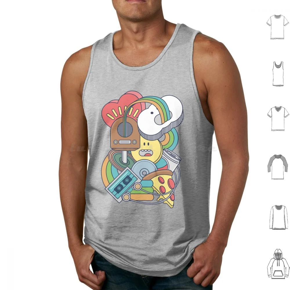 Doodles2 camisetas sin mangas chaleco sin mangas Doodles nube Linda caseta Pizza Retro vinilo corazón Cd Soda Arco Iris auriculares