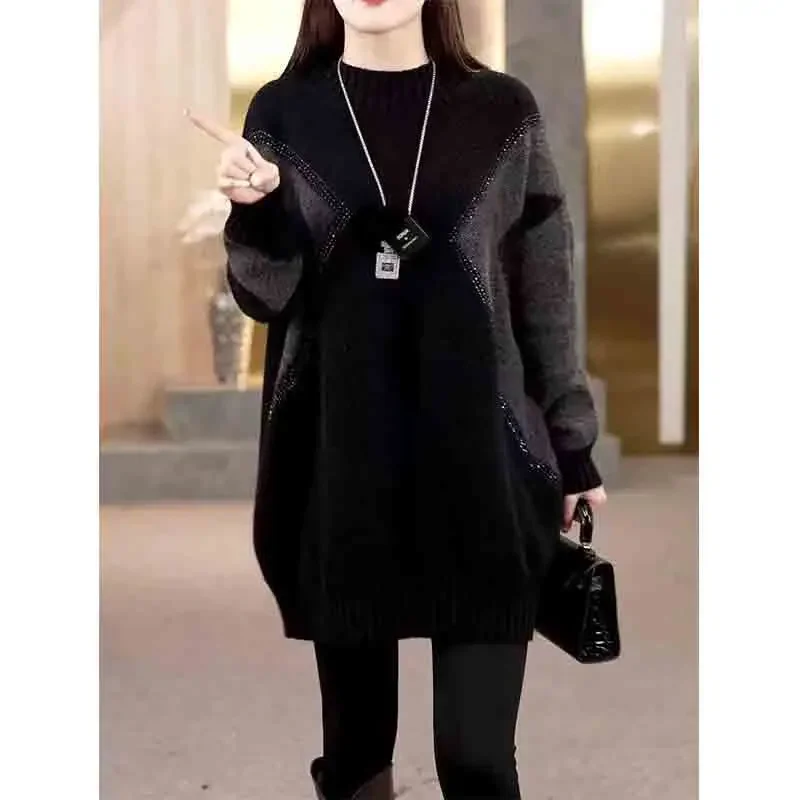 

Fashion Women Clothing Diamonds Midi Sweater Autumn Winter Korean Versatile Loose Casual Long Sleeve Warm Knitted Pullovers Tops