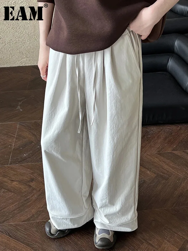 [EAM] High Elastic Waist Apricot Drawstring Long Wide Leg Pants New Trousers Women Fashion Tide Spring Autumn 2024 1DH7670
