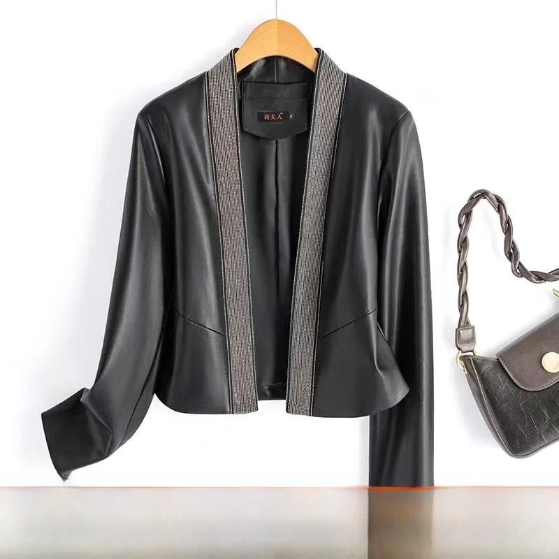 

Ning Genuine Leather Jaet Women's ort Sle V-Ne Open Cardigan eepskin Coat Spring Autumn New Loose Splicing