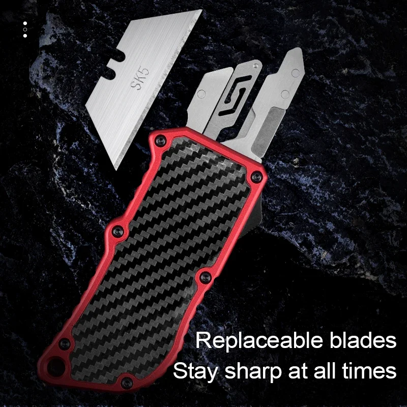 EDC OTF Utility Knife Carbon Fiber Paper Knifes Wallpaper Paper Box Cutter Aluminum Alloy Handle Exocet SK5 Blades Pocketknives