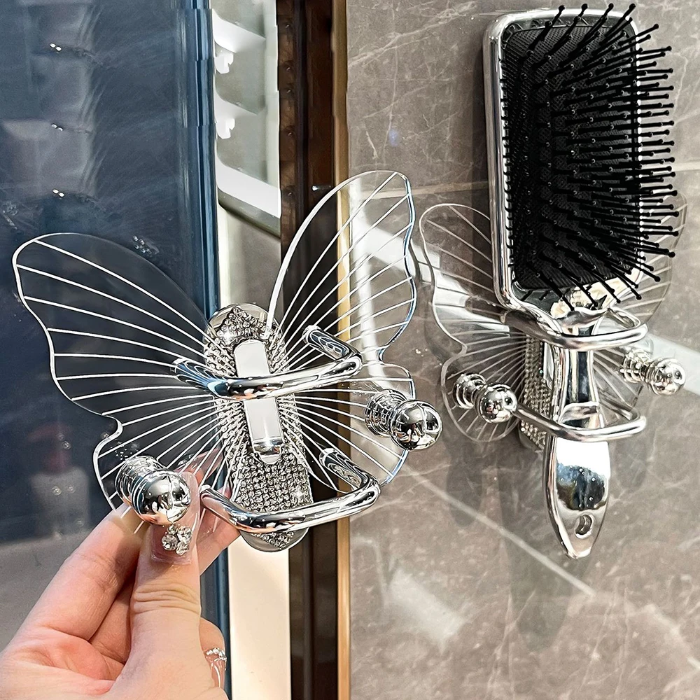 Light Luxury Butterfly Comb Storage Shelf Wall Hanging Perforated Free Bathroom Headstring, Hair Band, Hair Ring Storage Hook