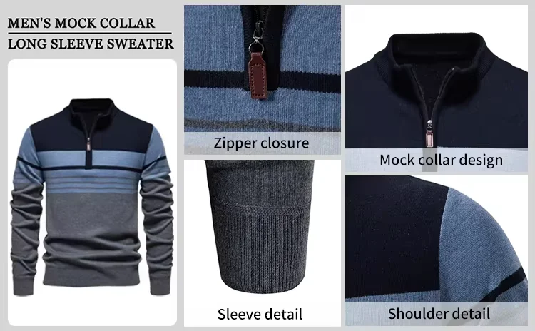 Herren Strickpullover mit 1/4 Reißverschluss, Mock-Kragen Strickware, Lässiger Langarm-Pullover, US-Größe – Detail 2