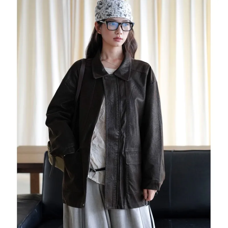 Johnature New Fall Winter Korean Vintage Lapel Loose PU Jacket Trendy Casual All Match Women Coats