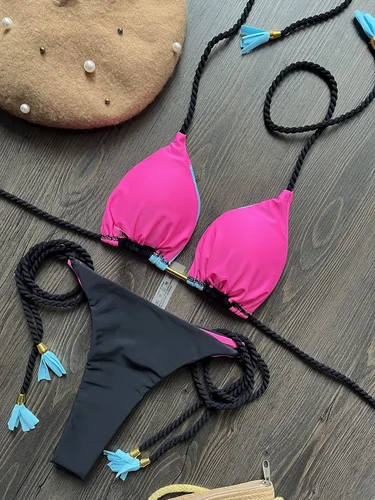 Imagen 2 del producto RUOTONSEPT-Conjunto de Bikini con empalme liso para mujer, traje de baño Sexy, traje de baño con cuerda trenzada, traje de baño triangular, bikinis brasileños