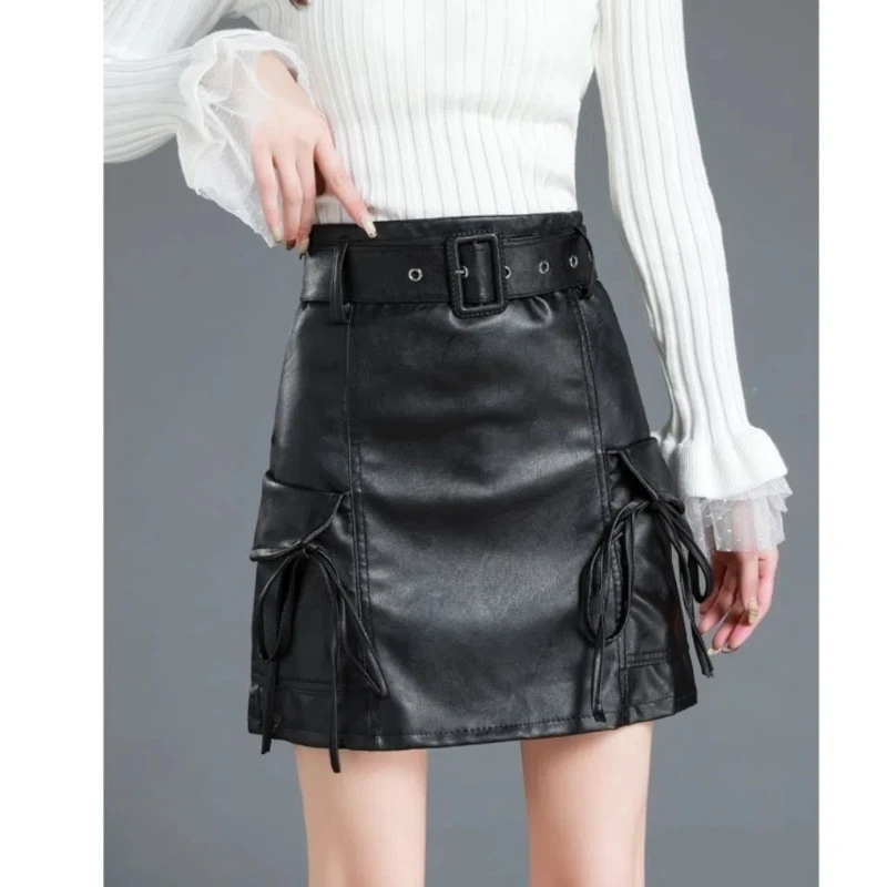 

Temperament Autumn Winter Women Solid High Waist Zipper Bow Lacing Korean Fashion A-line Slim Short Pu Leather Hip Wrap Skirt