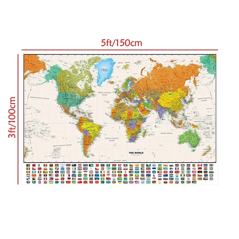 150x100cm World Map Large Poster Backdrop with Flag for Education and Culture Non-woven Spray Physical Map Painting Home Decor