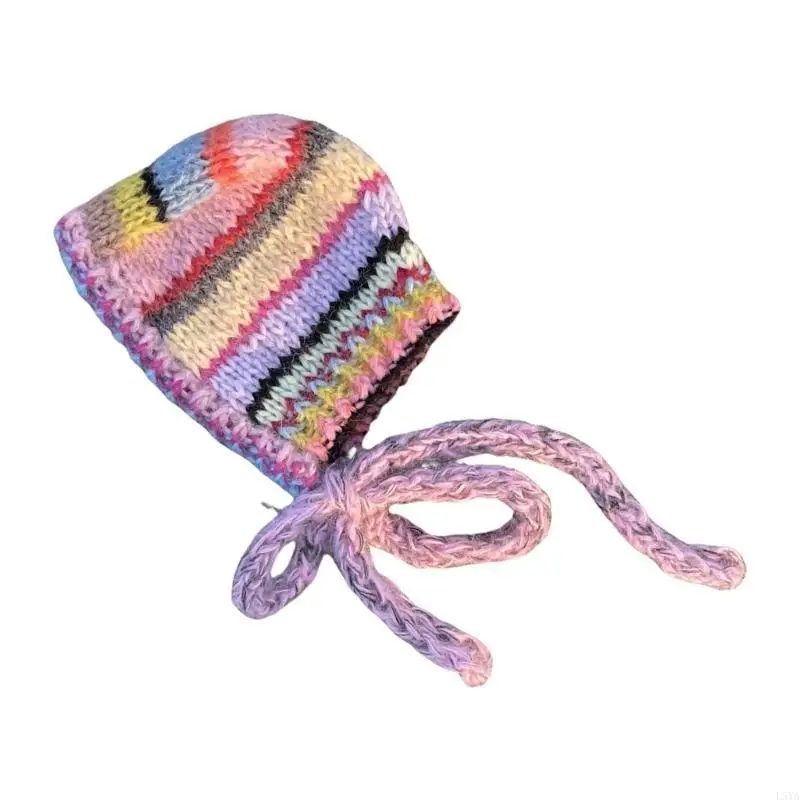 

L5YA Popular Striped Contrast Color Hat for Female Soft Pullover Hat 2000s Elegant Knitted Hat with Ear Flap for Daily