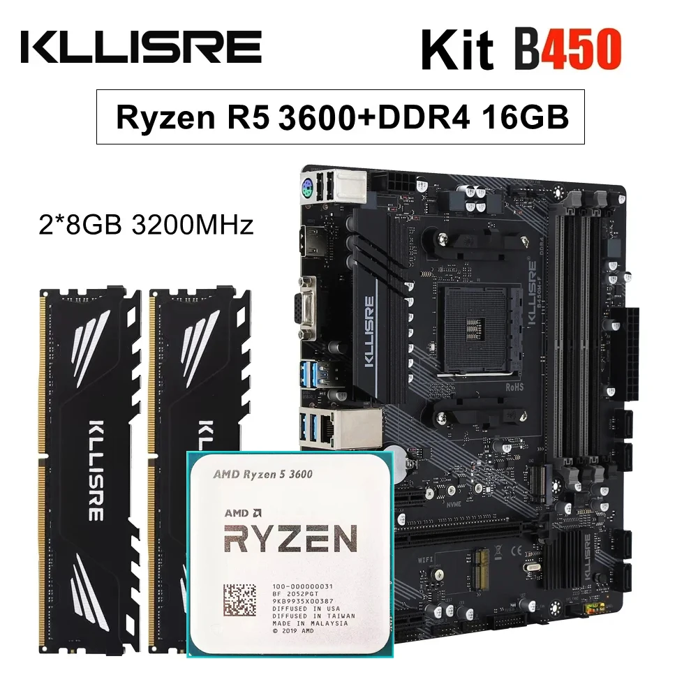 Kllisre B450 Kit AMD Ryzen 5 R5 3600 CPU DDR4 16GB (2x8GB) 3200MHz memoria B450M AM4 placa base