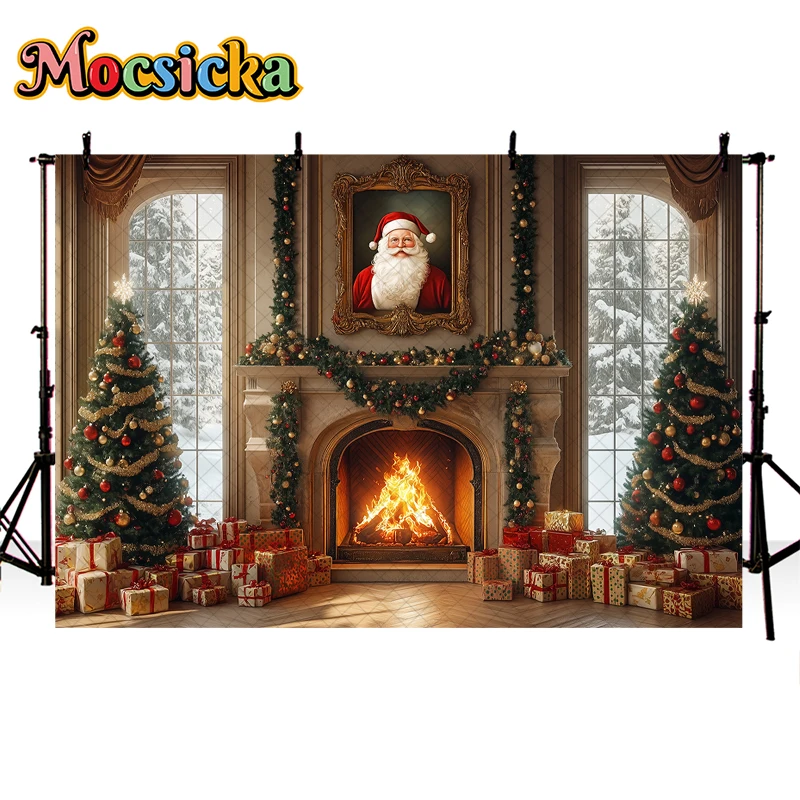 Mocsicka Indoor Christmas Photography Background camino babbo natale Xmas Tree Decor Kids Adult Family Photo Background Studio