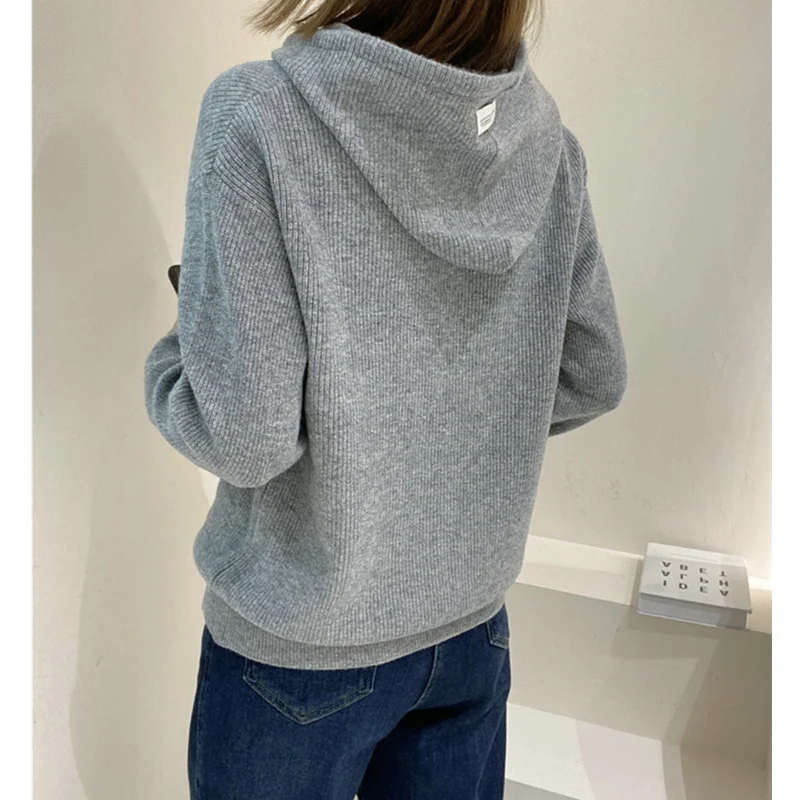 hooded cashmere sweater women autumn and winter pullover loose pure wool hoodie knitted casual bottom hoodie