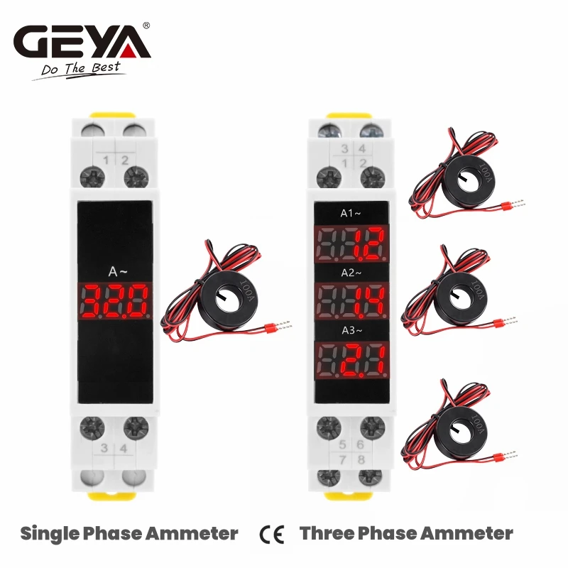 

GEYA Din Rail Digital Electric Current Meter Single PhaseThree Phase Ammeter LED Display 0~100A with CT Current Transformer