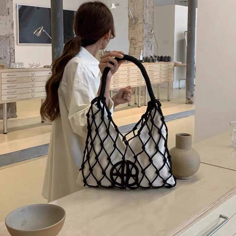 Hollow Out Bucket Mesh Handmade Weave Bags For Women Luxury Designer Handbags Purses 2024 New In Casual Vacation Beach Shoulder