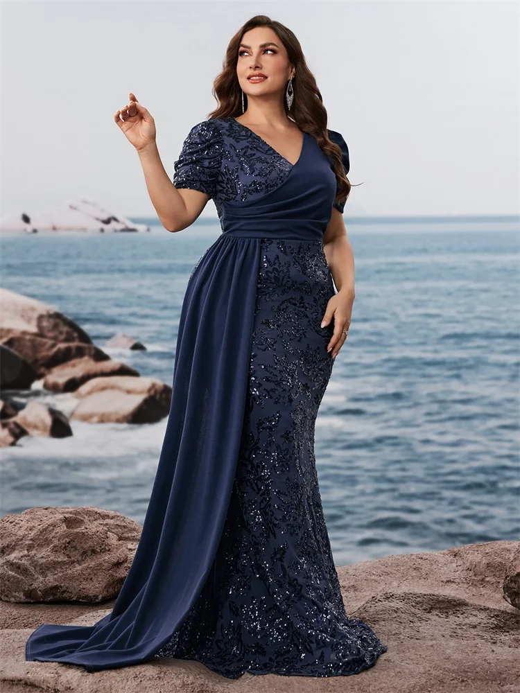 Lucyinlove Plus Size Elegant V-neck Sequins Evening Dress Women Short Sleeves Mermaid Formal Luxury Party Streamer Prom Dress image 4