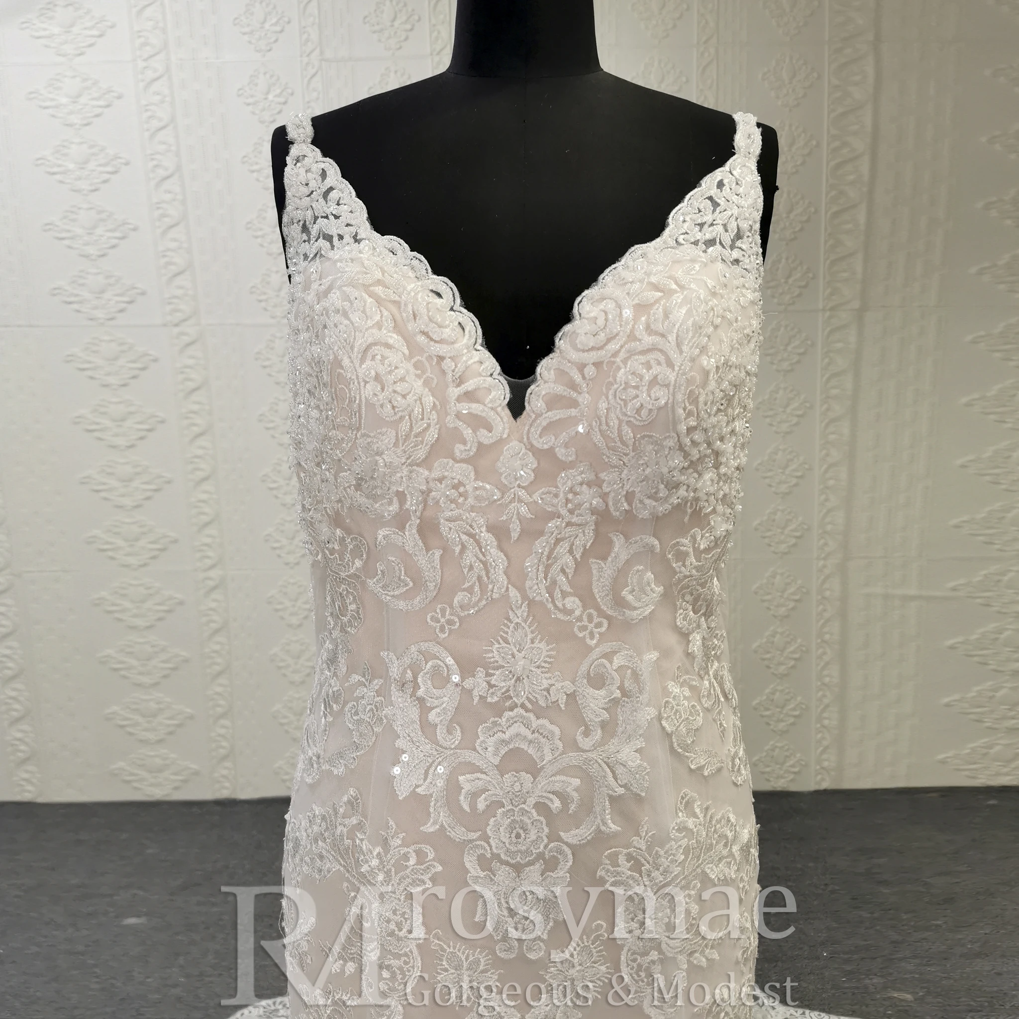 Rosymae elegante vestido de noiva estilo trompete com decote em V profundo sobreposição de renda elegante vestido de noiva