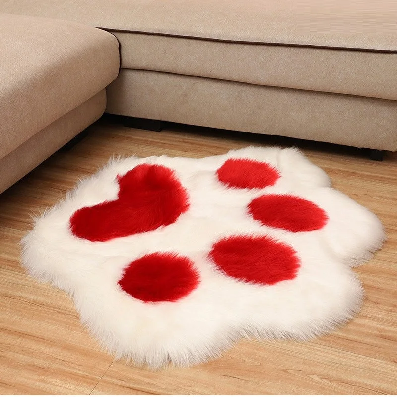 Cute Bear Paw Shape Long Plush Area Rugs for Living Room Bedroom Sofa Fluffy Faux Fur Mats Soft Bedside Carpet Rug