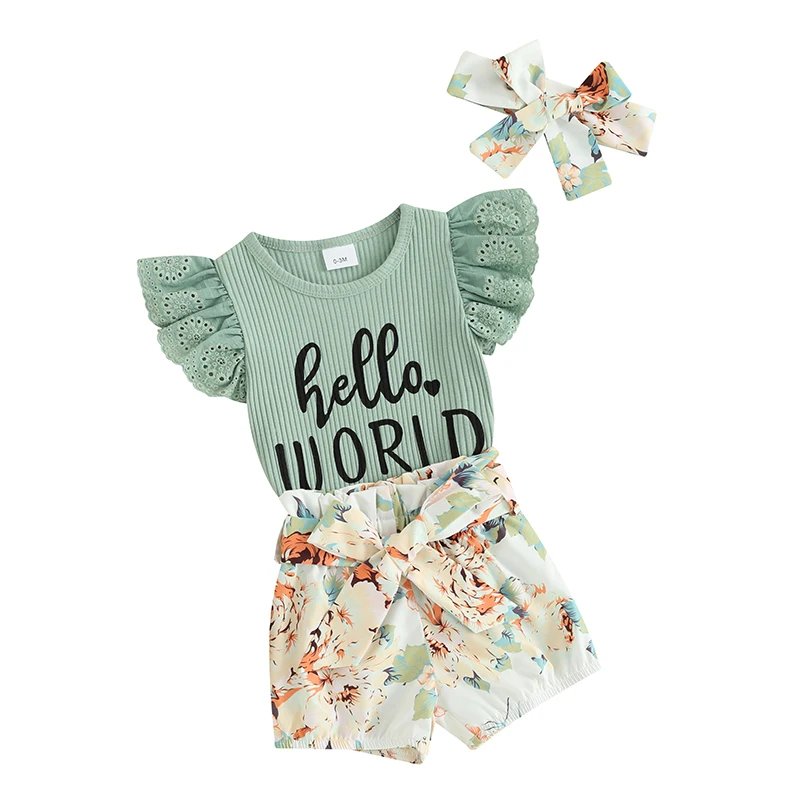 

Baby Girl Summer Clothes Newborn Outfit Ribbed Romper Floral Bloomer Shorts Headband Newborn Girl Clothes