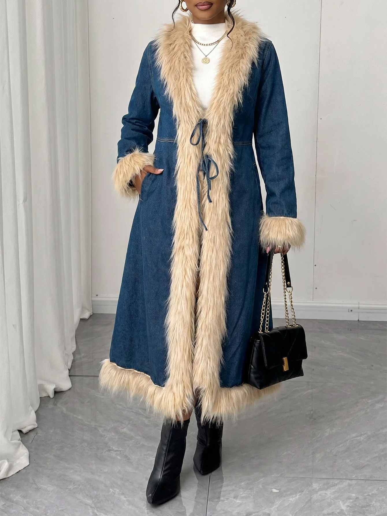 Winter best-selling European-style denim retro-style coat fluffy fabric fashionable women's outerwear trendy fashionable sexy