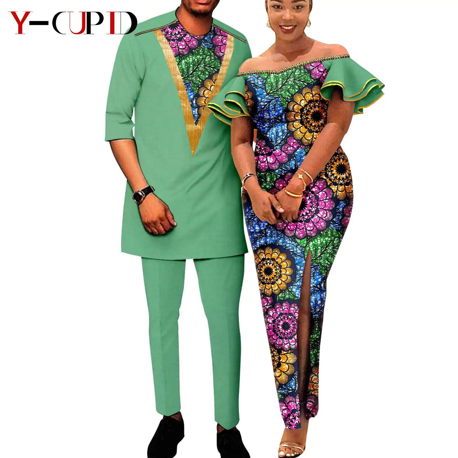 African Print Dresses for Women Ruffles Sleeve Fit Dresses Matching Couple Outfits Dashiki Men Zipper Shirt Pants Sets Y23C003