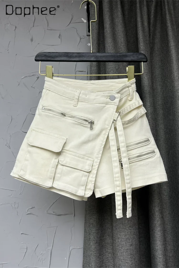 

Fashion White Cargo Denim Skirt Fake Two Pieces Zipper Pocket Spicy Girl High Waist A Line Mini Skirt Korean Sexy Slim New