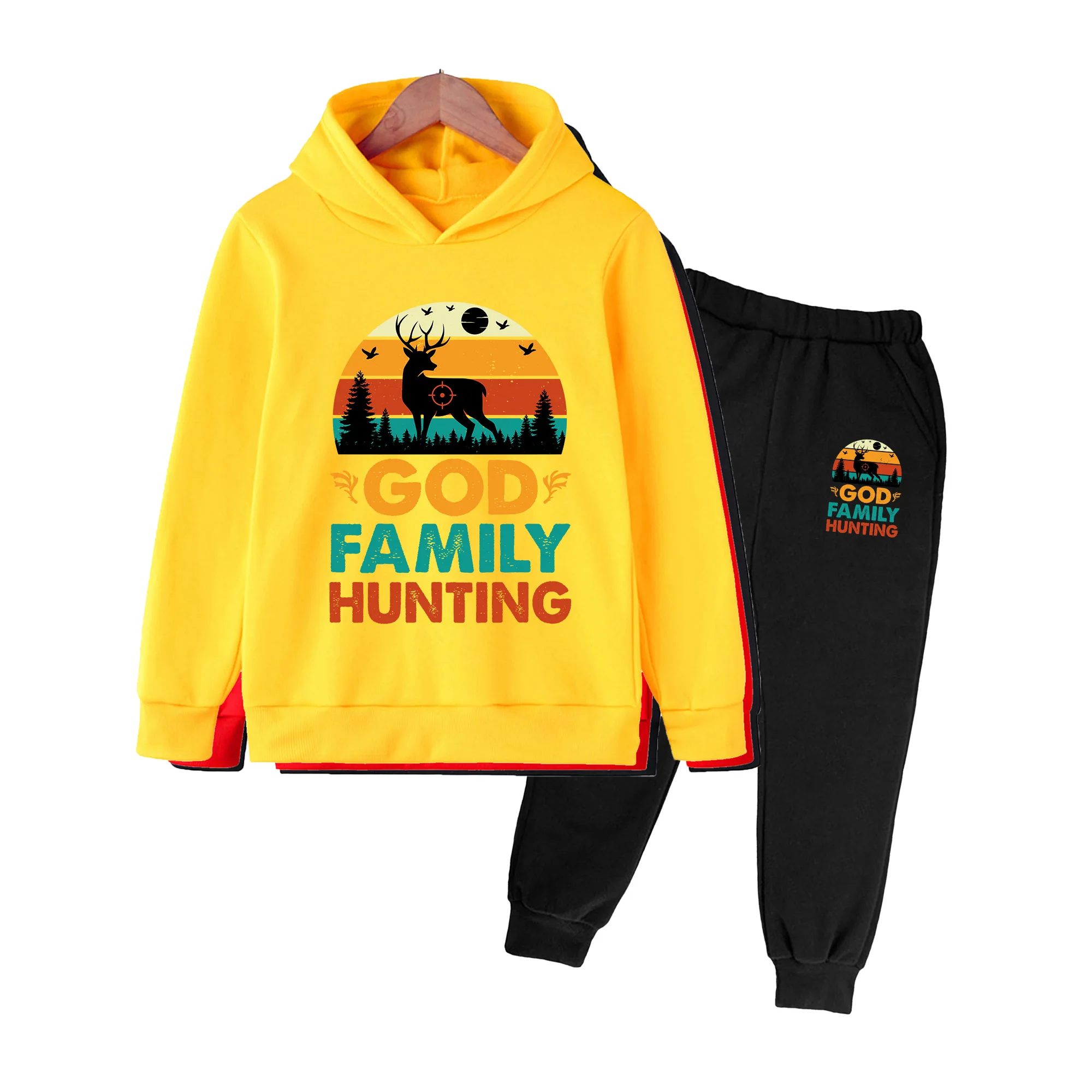 Kids Hoodie & Sweatpants Set, Retro GOD FAMILY HUNTING Print Casual Sportswear for Boys Girls Outdoor Camping