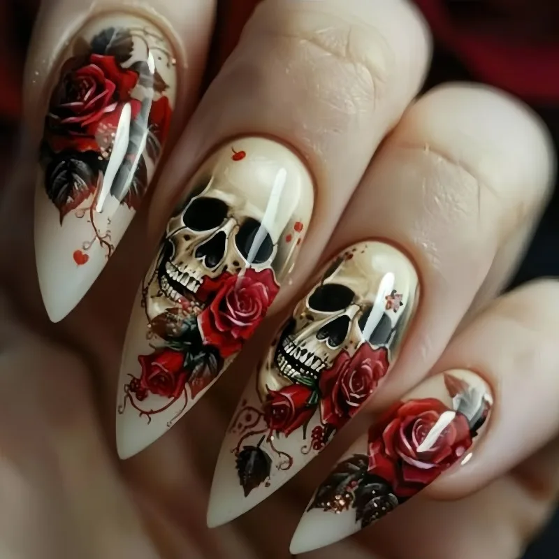 

24 Pcs Halloween False Nails for Girls Almond Press on Nails To Stick Nude Rose Skull Decorations Cheap Acrylic Nails Press On