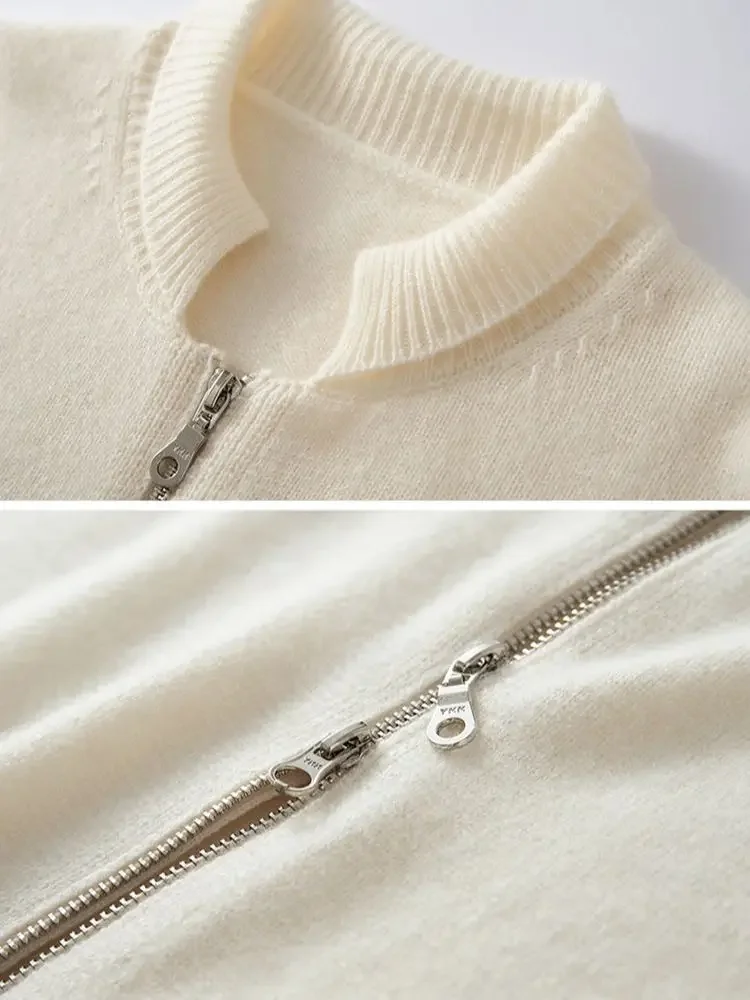 Autumn Winter Women Cashmere Zipper Sweater Shell Collar Cardigan 100% Cashmere Knit COS Style Warm Loose Popular Top Coat