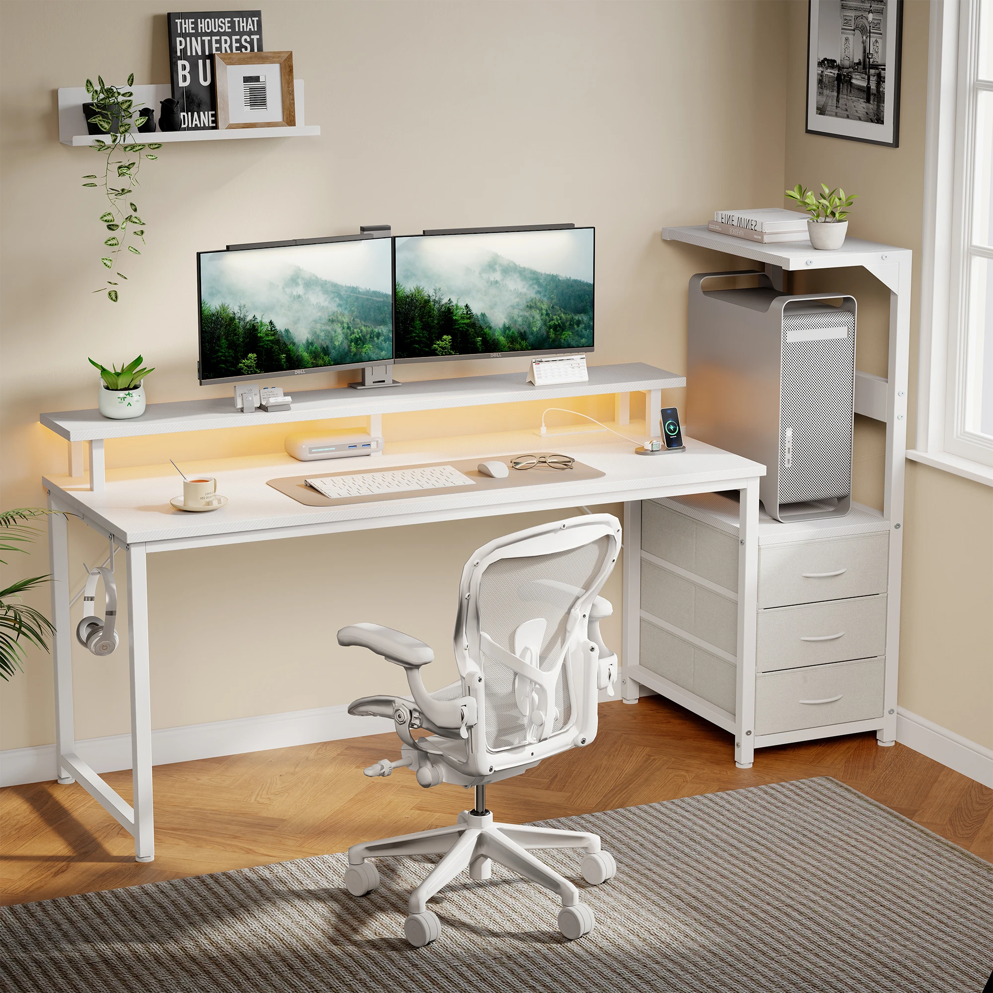 MCQ 52 Inch to 59 Inch Standing Office Computer Desk With USB Charging Ports Ergonomic Storage Shelves Gaming Desk With LED Lights Reversible Computer Desk with Drawers For Home Office Small Space