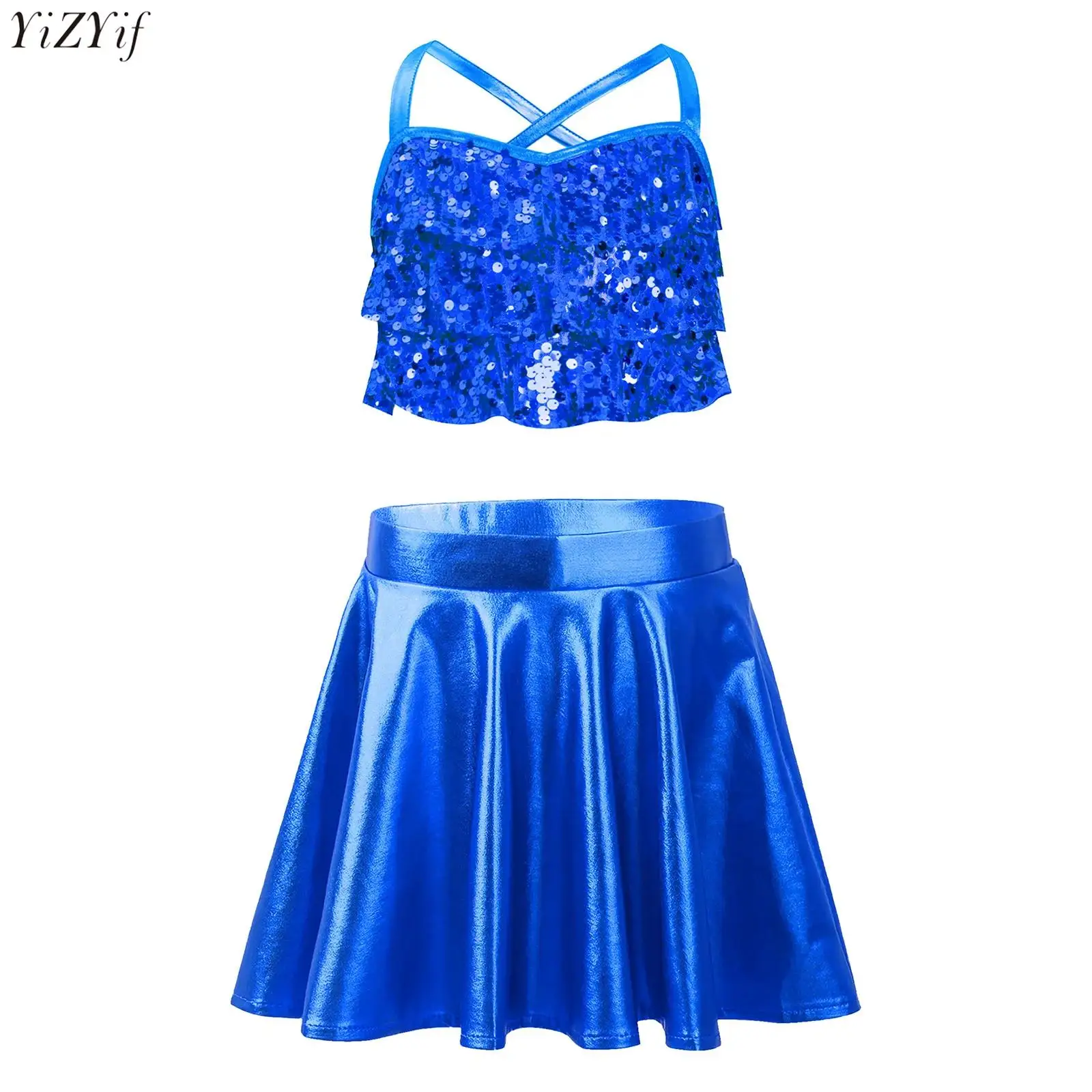 

Kids Girls Cheerleading Jazz Dance Outfit 2Pcs Sleeveless Shiny Sequins Tiered Ruffles Crop Top+Metallic Skirt for Competition