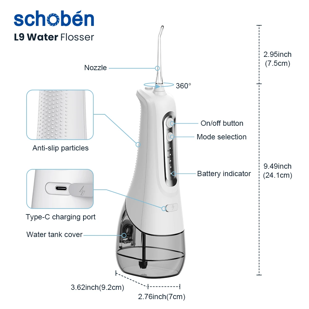 Schoben L9 irygator doustny USB Flosser irygator wodny przenośny strumień wody pod ciśnieniem dentystyczny 300ML zbiornik wody wodoodporny środek do czyszczenia zębów