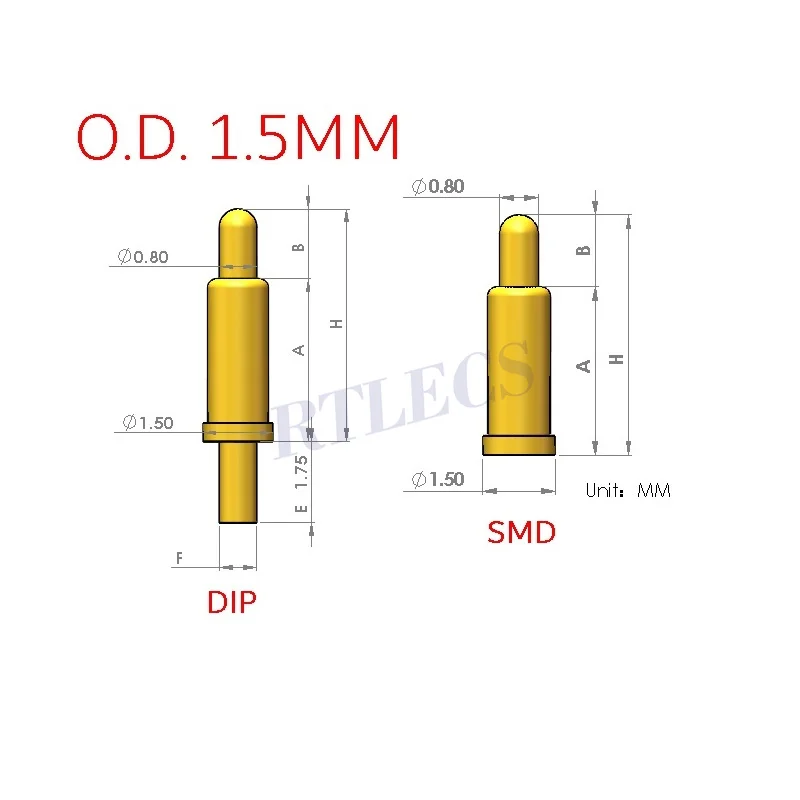 Pogo Pin DIP SMD, montaje de alta corriente, chapado en oro, 5 - 100 piezas, diámetro total OD 1,5 MM, con resorte, 2,0 A