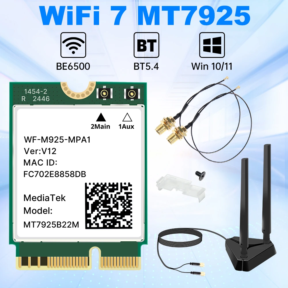

Wi-Fi 7 MT7925 6500 Мбит/с BT5.4 Wi-Fi карта 802.11BE M.2 Key E Беспроводной сетевой адаптер 2.4G/5G/6ГГц для Win10/11