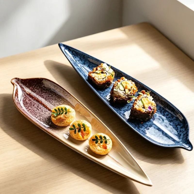 Bamboo‑Leaf Shaped Long Ceramic Plate Kiln‑Glaze Sushi Sashimi Serving Tray Creative Tableware for Restaurant Home Food Plating