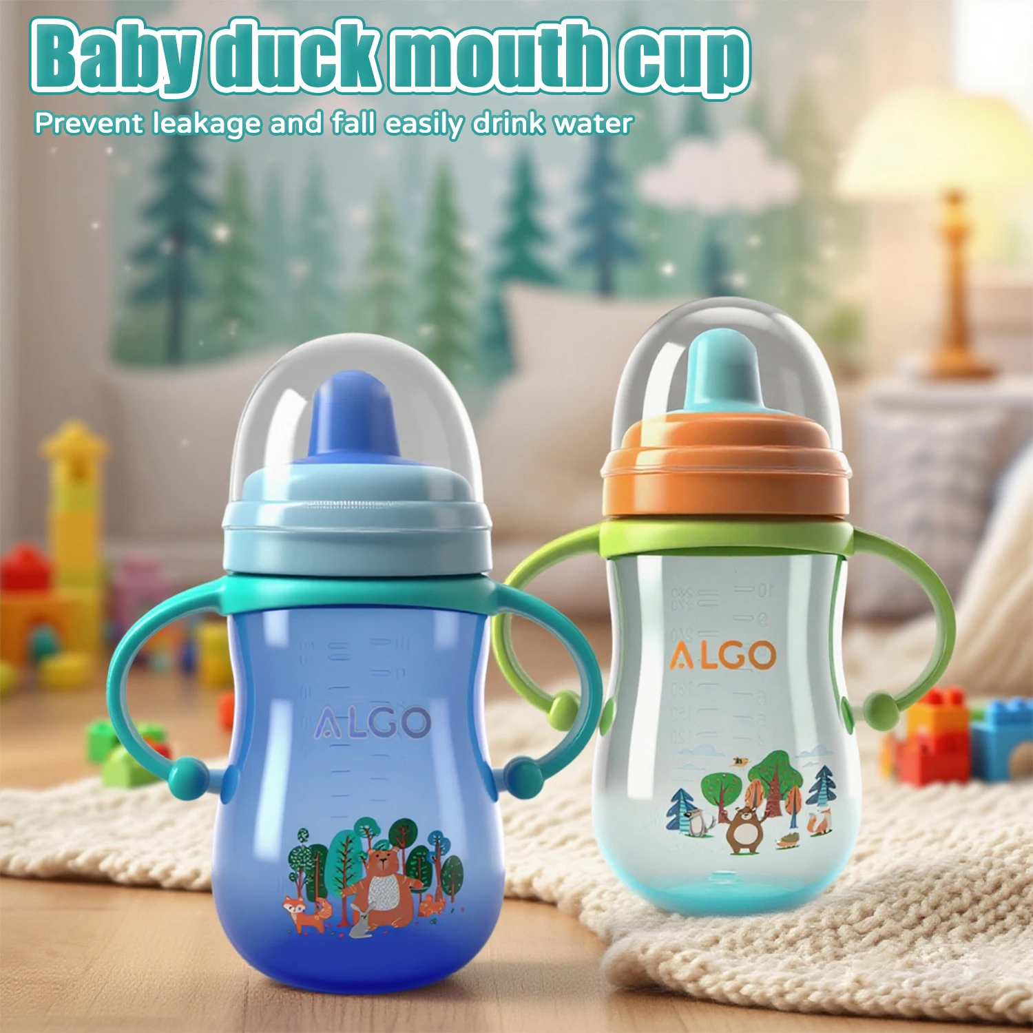 

280ml cartoon duck mouth water cup, fall resistant durable student water cup, training cup with handle, suitable for outdoor use