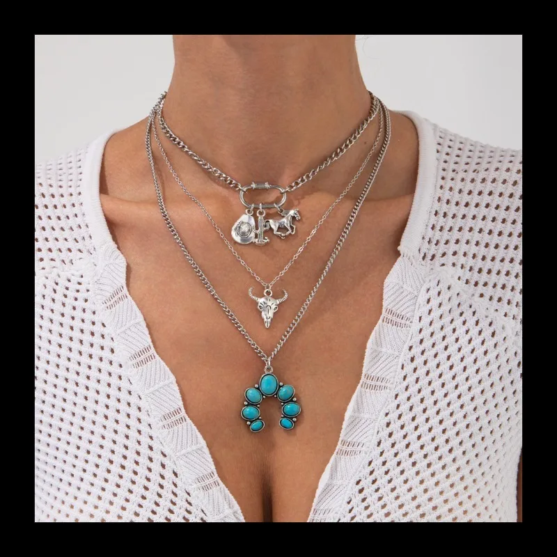 الرياح قبعة رعاة البقر سبيكة قلادة قلادة، خمر قلادة الترقوة الفيروز