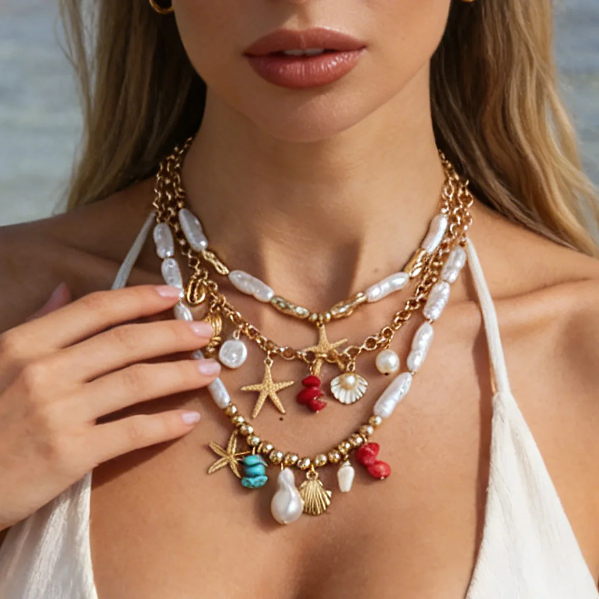 Necklace Shell Starfish Pearl Baroque Chip Layered French Style Beach Vacation Women 45cm Gold Tone Lightweight Durable