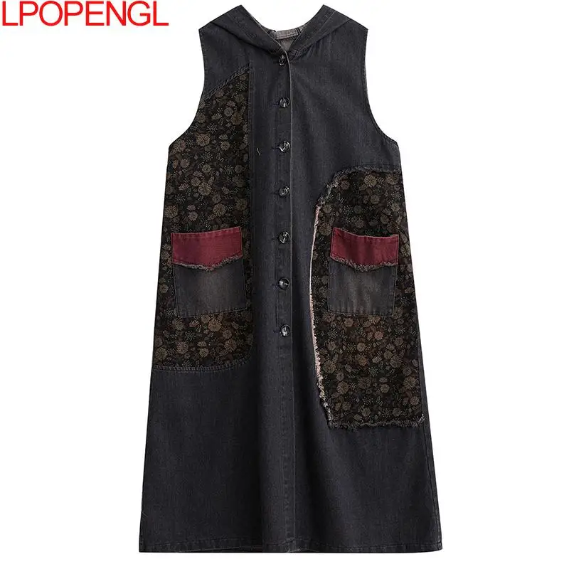 Hooded Fashion Denim Fall/winter 2023 Women\'s Sleeveless Single-breasted Large Pockets Vintage Print Panels Casual Long Coat