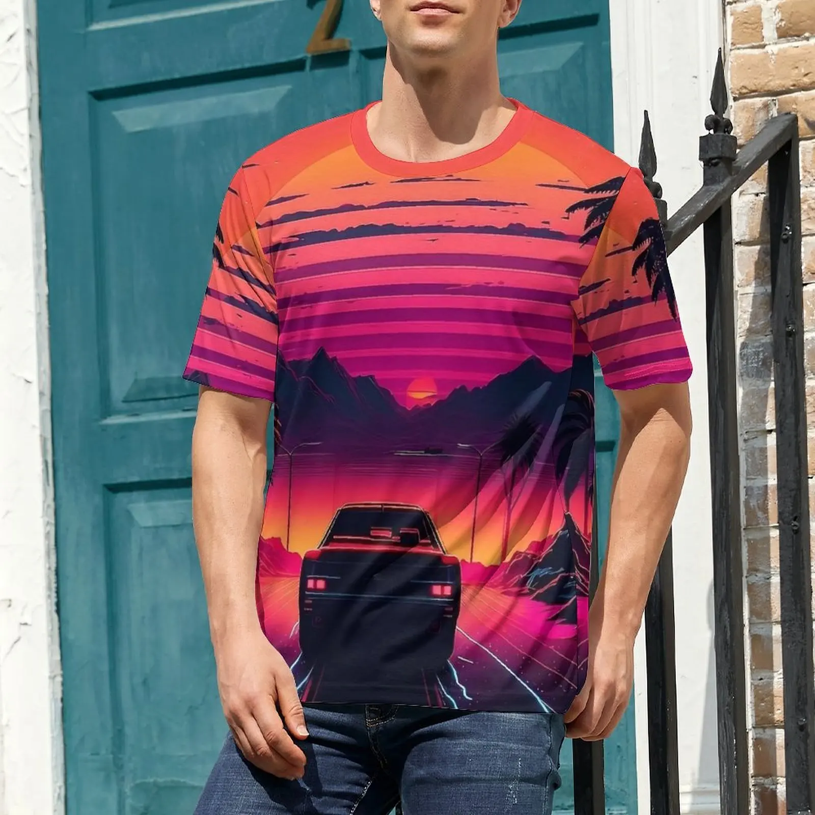 Oversize T Shirt Premium Sunset Palm Trees T Shirts Beach Car Funny O Neck Tshirt Male Hippie Design Tops