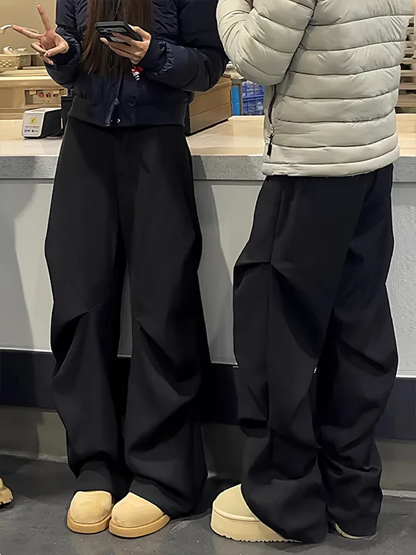 Cleanfit Men's Black Pleated Pants Winter High Rise Drapey Wide Leg Trousers Elegant Straight Cut Casual Trousers