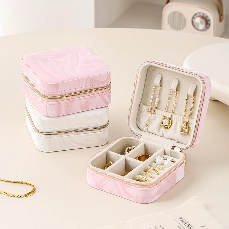 Women's Portable Travel Jewelry Case Marble Texture PU Leather Zipper Organizer Box for Rings Earrings Necklaces Storage Gift