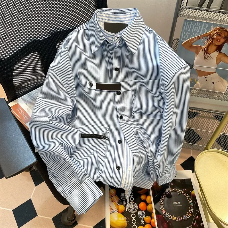 Camisa de manga longa masculina, moda de framboesa e bonito listrada, estilo de Hong Kong, duas peças falsas, design primavera e outono, 2024