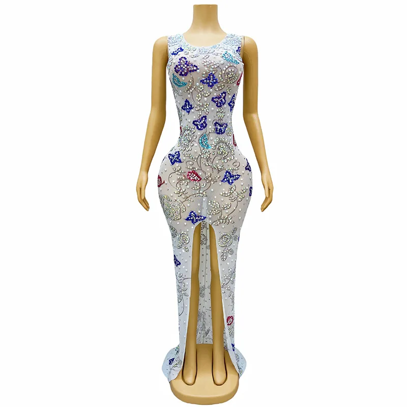 Costume Diamante bianco con spacco alto Farfalla Ricamo Atmosfera elegante Bar da sera Discoteca Danza Abito da ospite di nozze Donna