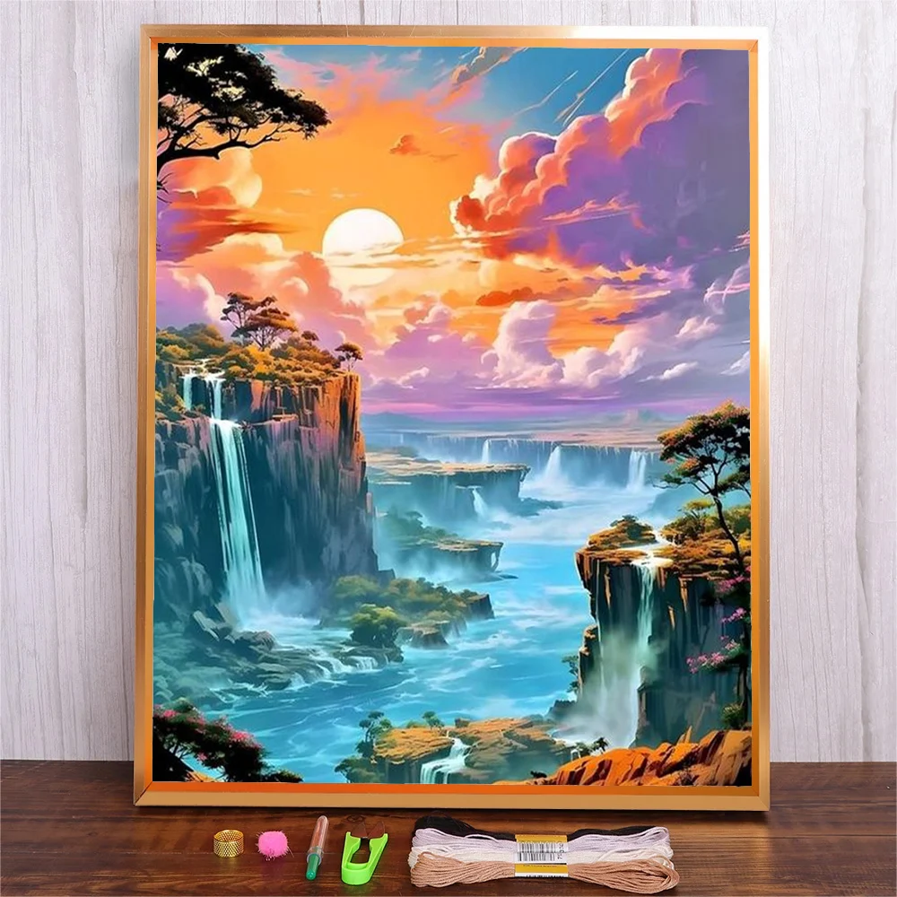 

DIY 11CT Cross Stitch Embroidery Kits Sunset Landscape Pattern Needlework Craft Package Cotton Thread Printed Canvas Home Decor