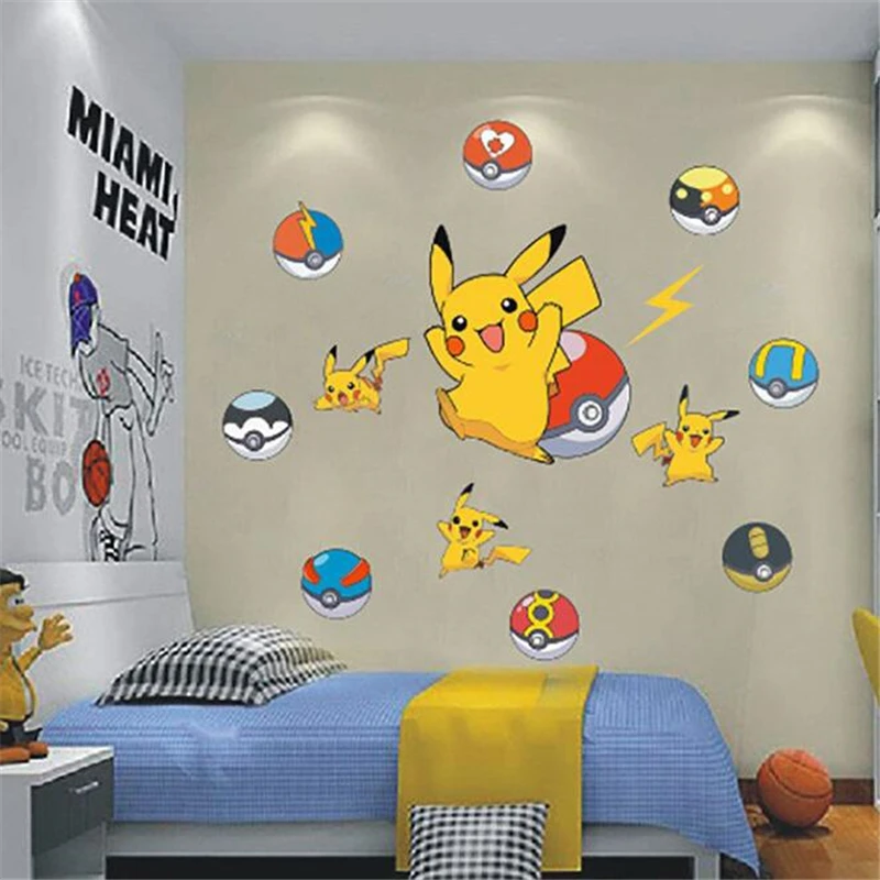 Pegatina de pared 3D de Pikachu de dibujos animados para habitación de niños, decoración de pared de dormitorio, regalos para niños, pegatina de puerta, póster de película