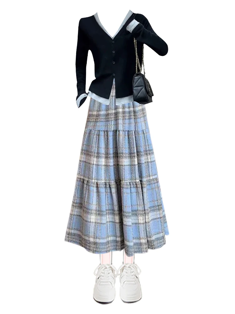 Feminino malha v-ne ort sve camisola e saia xadrez conjunto casual sle bla base irt outono faion outfit