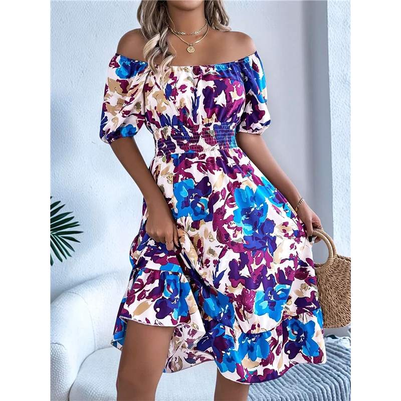 ABP-Vestiti casual estivi da donna 2025 Abito longuette smock floreale Boho con maniche a sbuffo e collo quadrato a trapezio